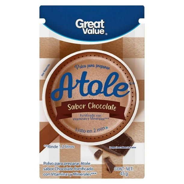 00750179160364L-1.jpg Polvo para preparar atole Great Value sabor a chocolate 45 g - Imagen 1