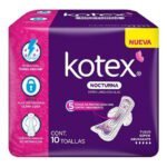 Toallas femeninas Kotex Nocturna extra larga con alas flujo super abundante 10 piezas