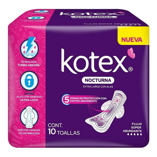 a3470416-40ab-4ee5-a904-859f3dd935b9.a430b5eb2f4db3c341eefaee21b013cc-1.jpeg Toallas femeninas Kotex Nocturna extra larga con alas flujo super abundante 10 piezas - Imagen 1